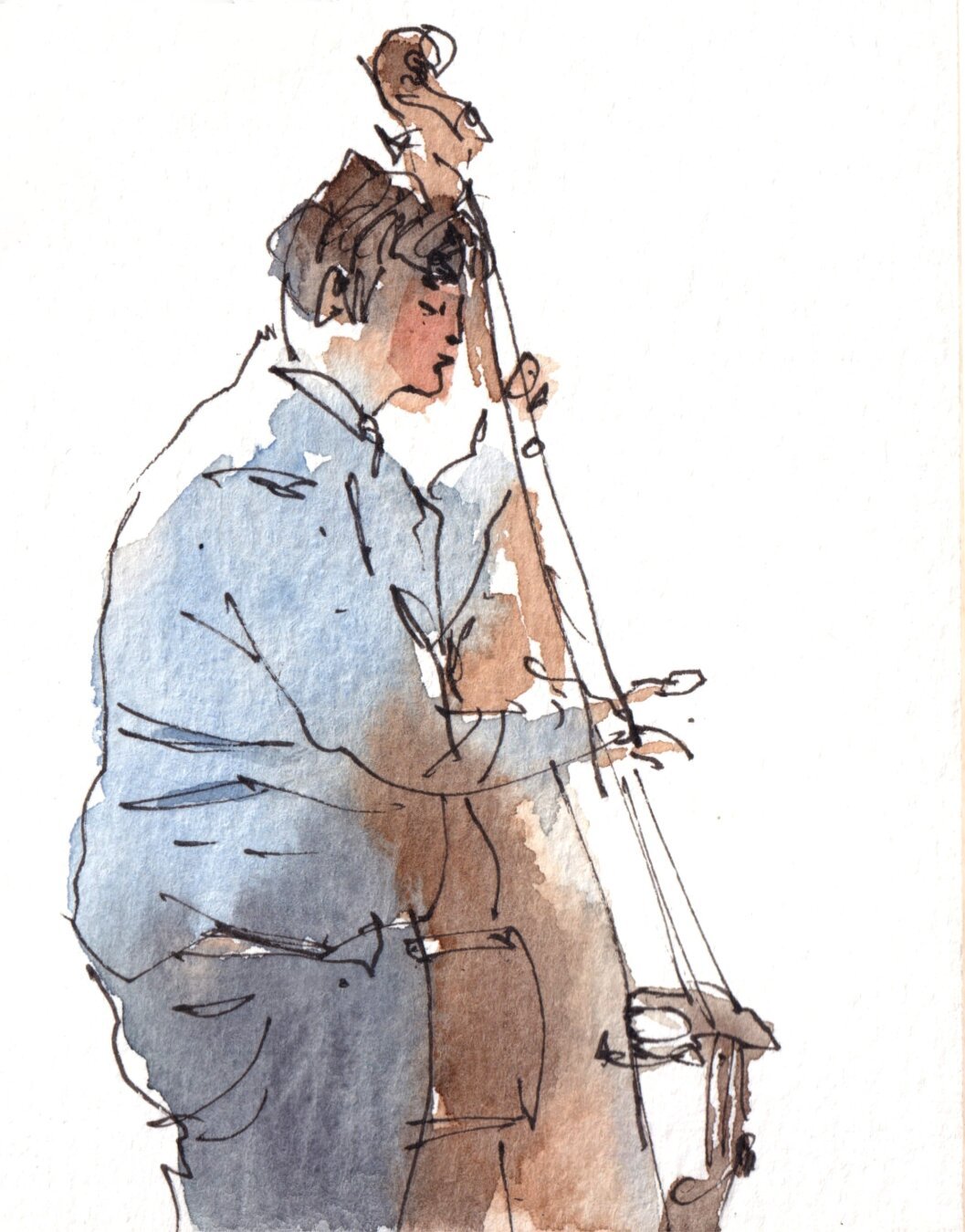 A watercoloured drawing of a chubby double bass player.