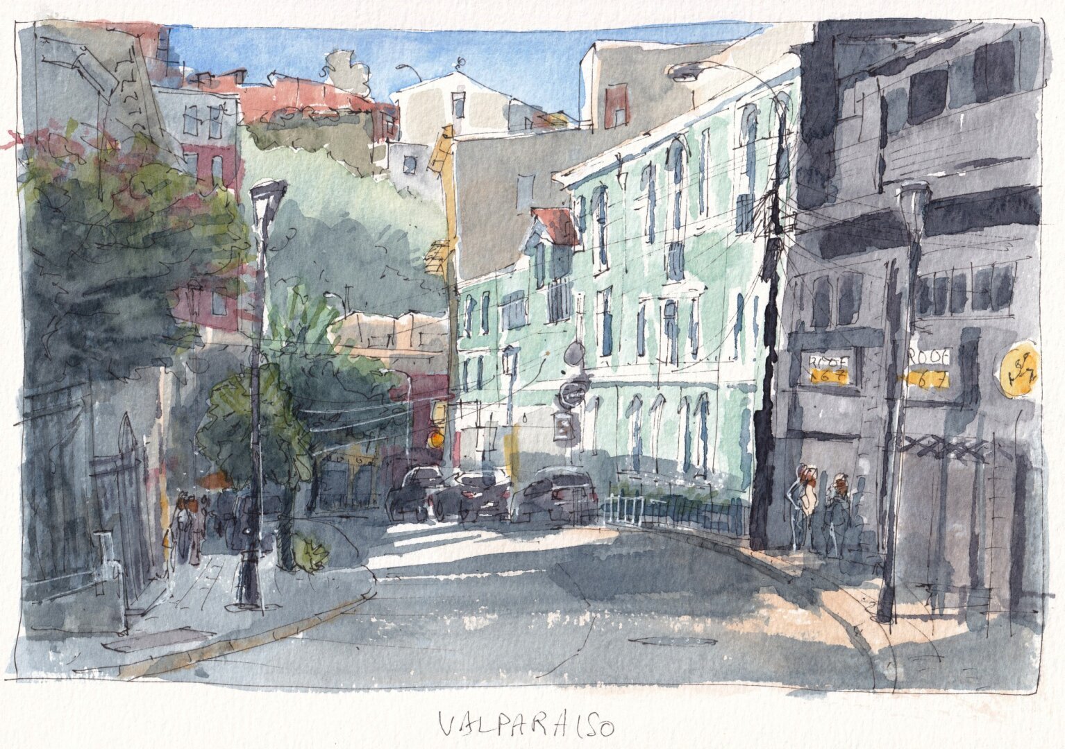 A random street in Valparaiso. Line art with watercolours. Quite detailed and colourful.