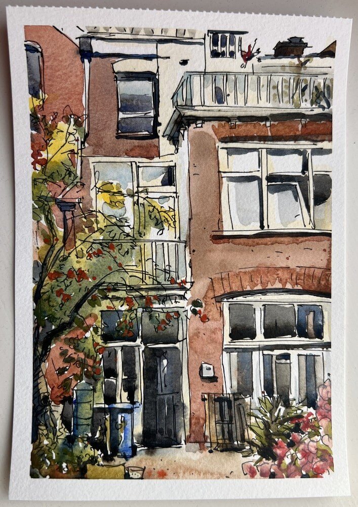 A line art drawing with watercolors of my home, viewed from the neighbor's garden. There is an open window; that's my studio.