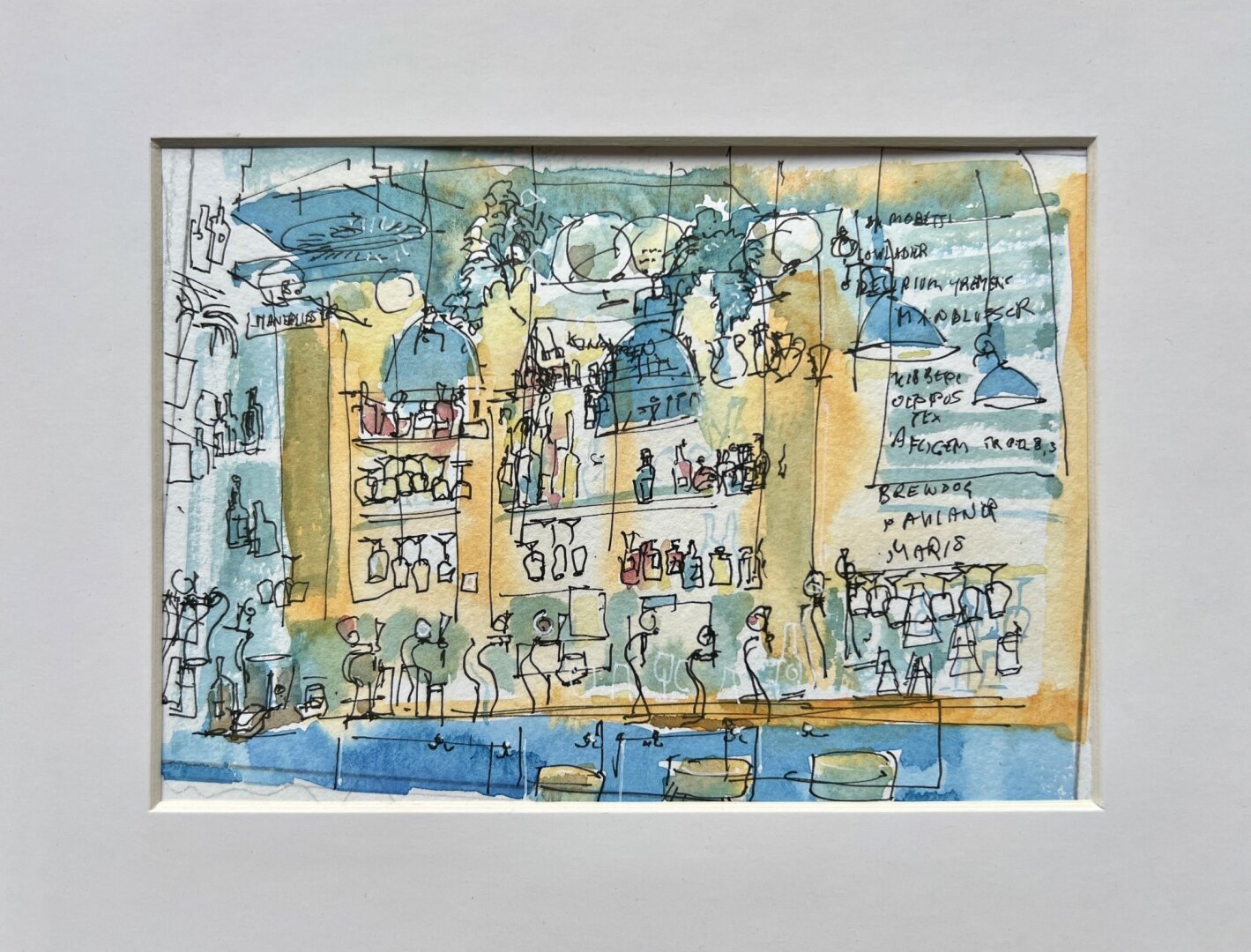 A line drawing with watercolors of a bar with a tall cabinet full of liquor bottles and glasses, cheerfully lit.