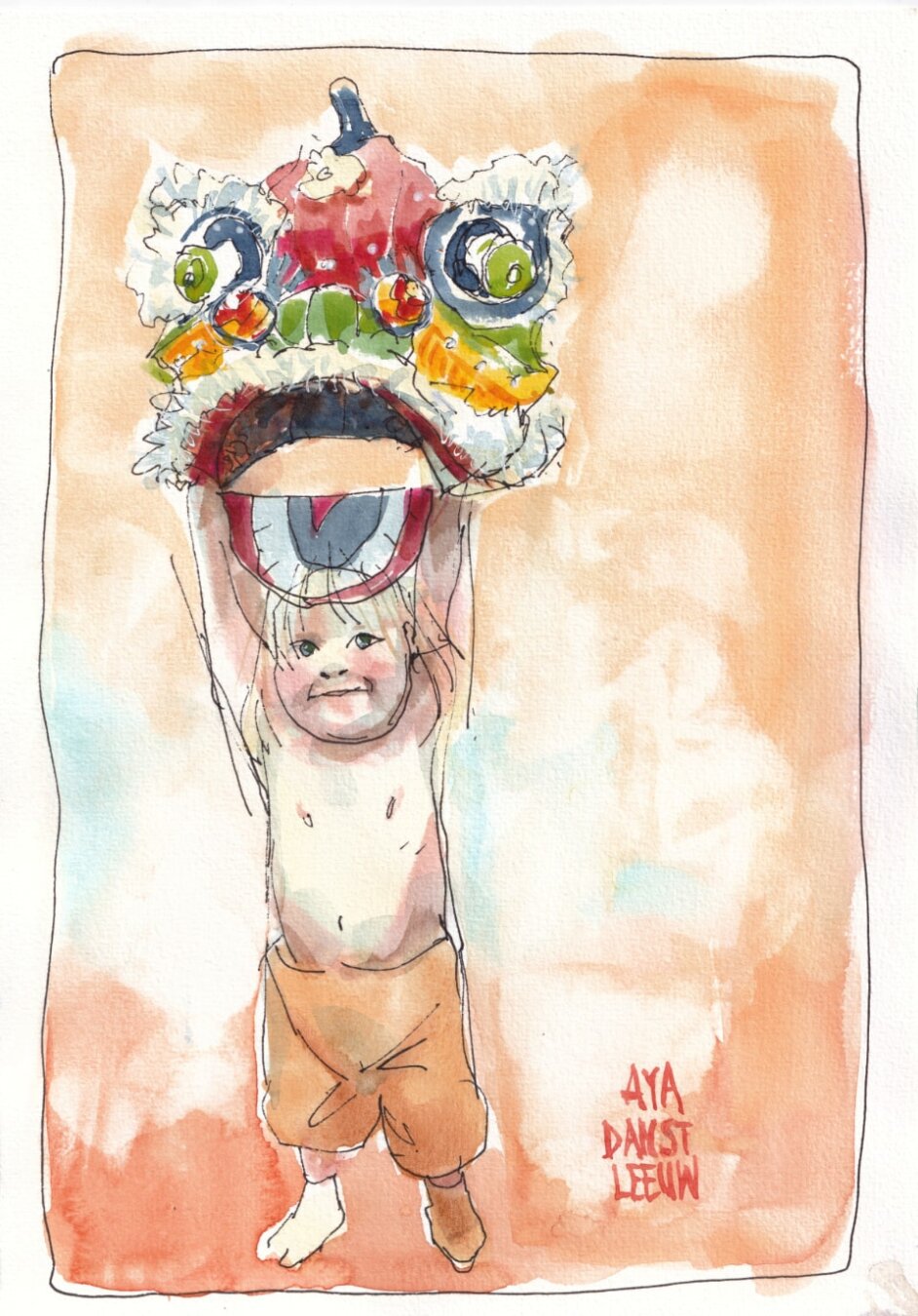 A pen and water colour sketch of a toddler doing a chinese lion dance