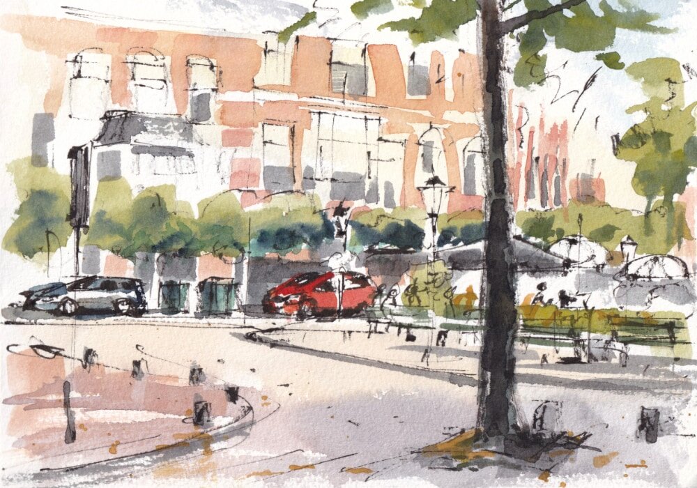 Pen and water color sketch of a city square. Sunny.