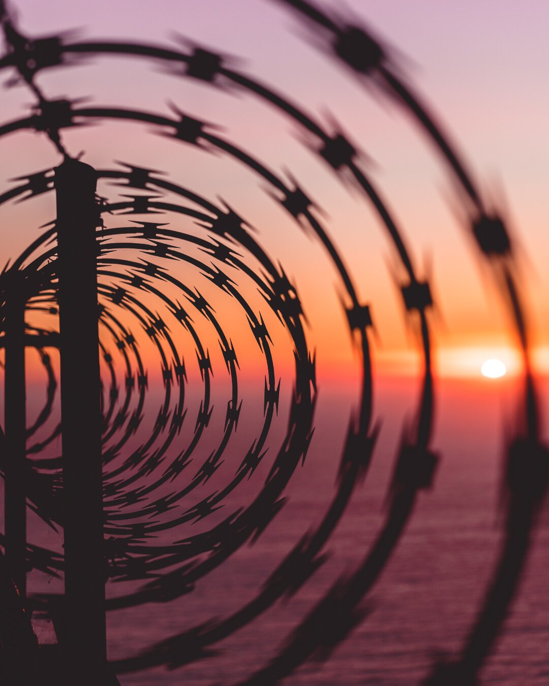 A sunset with vibrant hues of orange, pink, and purple. The sun is partially visible above the water, creating a serene and picturesque backdrop. In the foreground, a spiral-shaped barbed wire fence forms a repeating circular pattern that draws the eye towards the center of the image. A sunset with vibrant hues of orange, pink, and purple. The sun is partially visible above the water, creating a serene and picturesque backdrop. In the foreground, a spiral-shaped barbed wire fence forms a repeating circular pattern that draws the eye towards the center of the image.