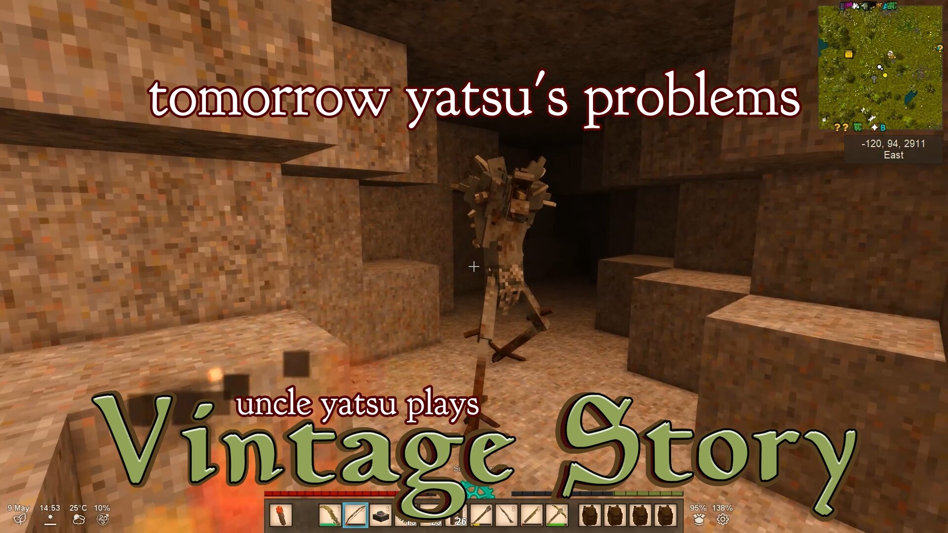 looking down a cave tunnel at a 9 foot (3 meter) tall monster with bone wings and a sharp proboscis.