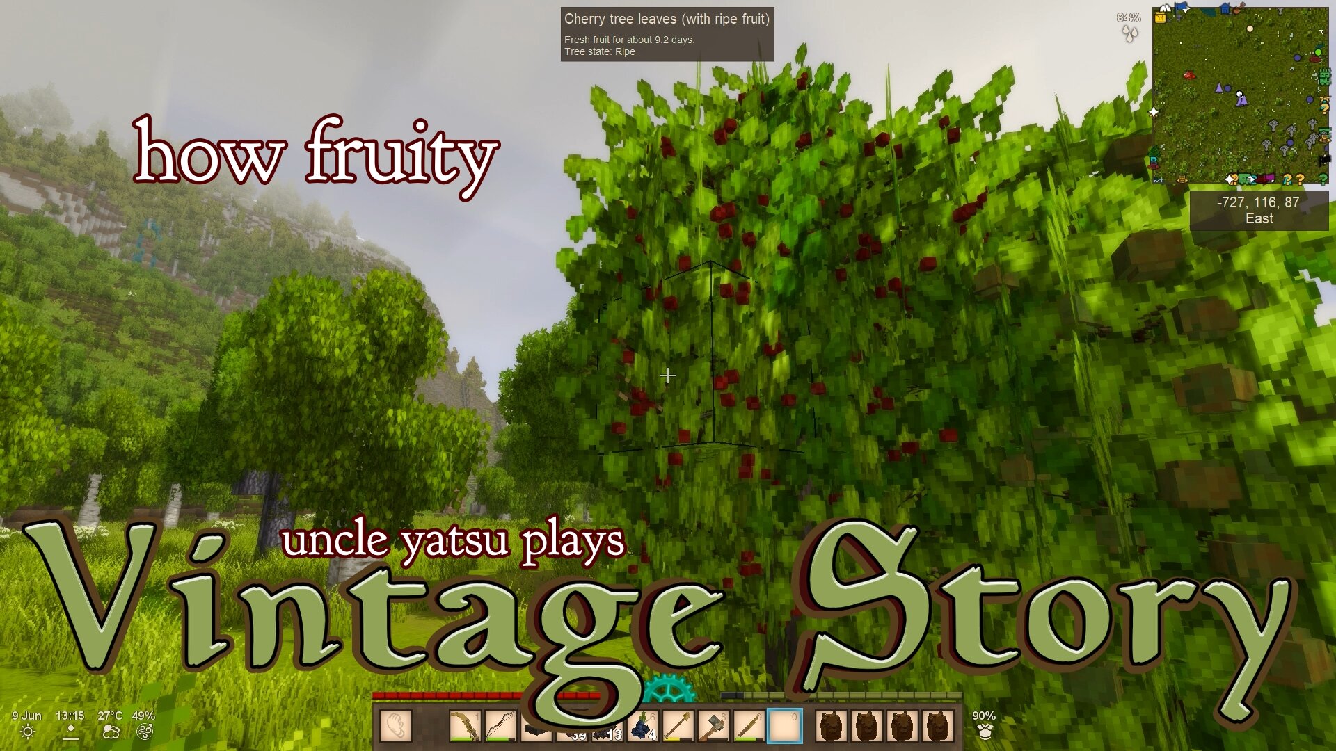 a fruit tree in the foreground on the right, and some trees and a meadow in the background.