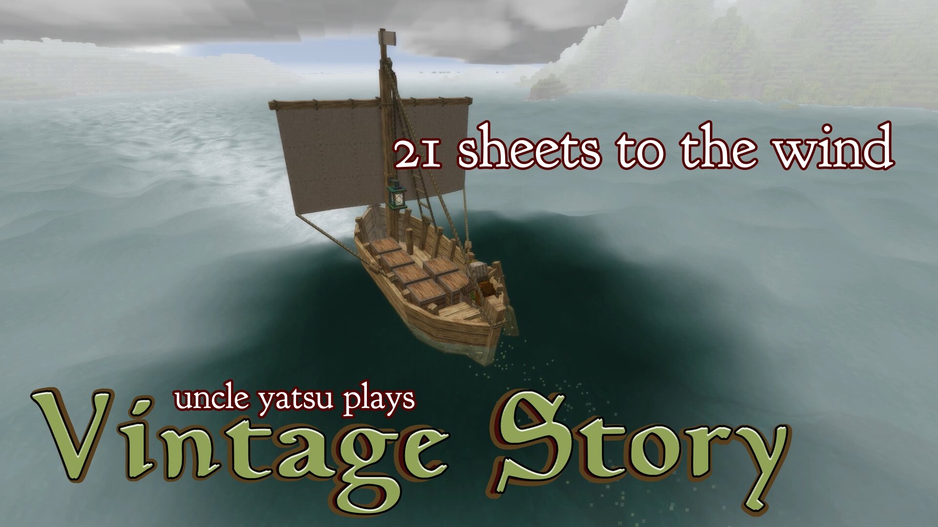 a ship with a single sail, on the open water, surrounded by fog.