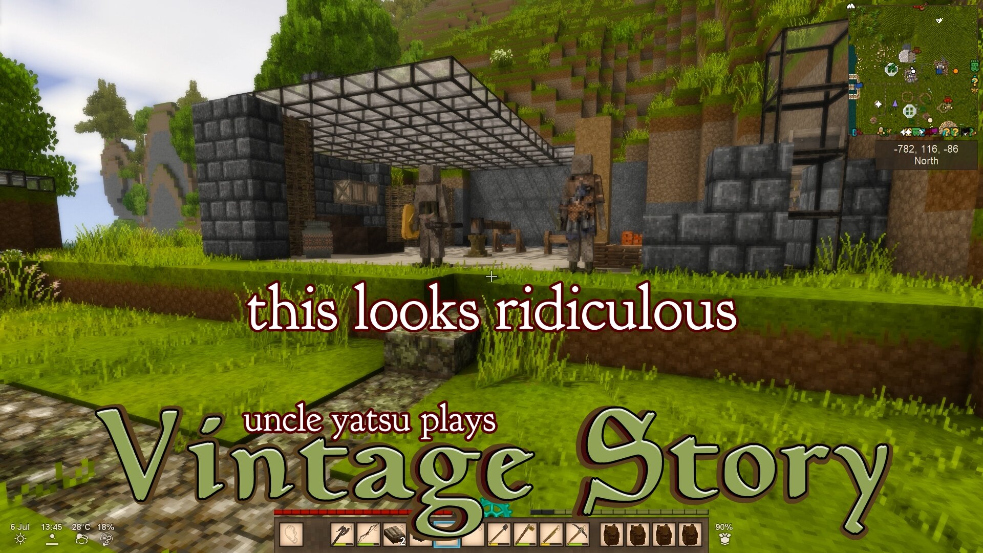 a shot looking into my in-progress smithy, with blue-black stone brick walls, and half a glass roof.