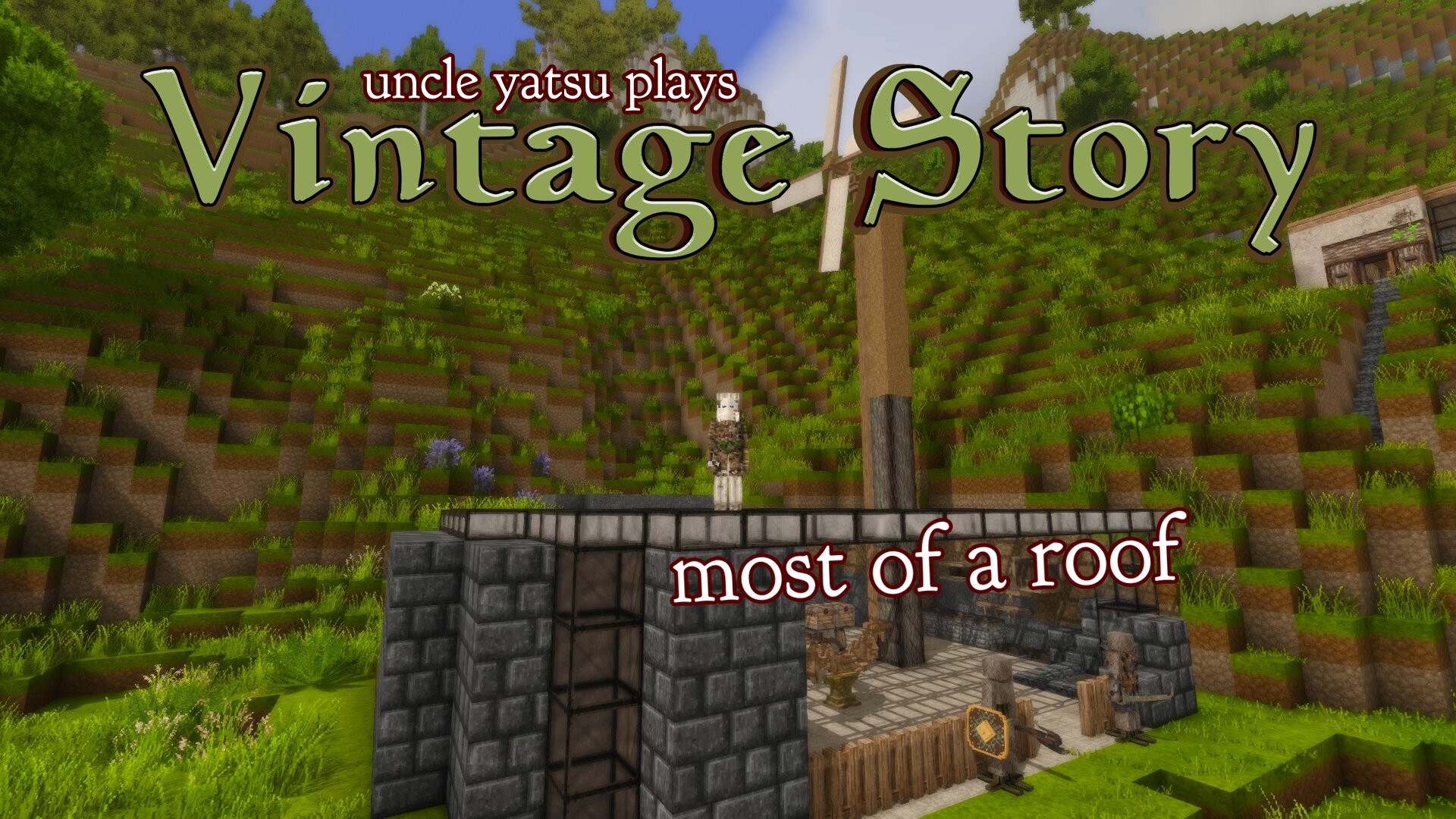 my in-game character standing on my smithy roof, which is made of smoky quartz glass slabs.