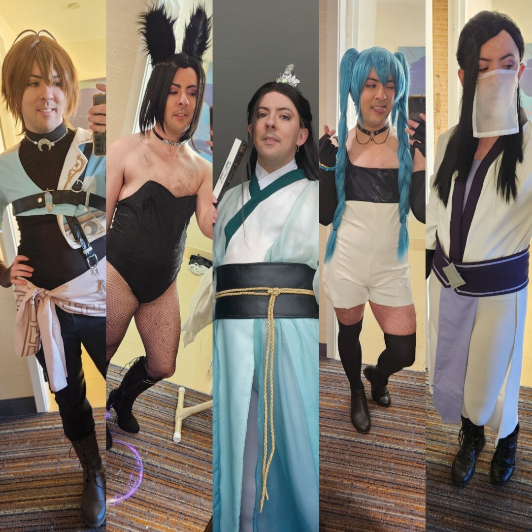collage of five images of myself in cosplay as Eiden, Jiang Cheng in a bunnysuit, Shen Qingqiu, Miku Hatsune and Liu Mingyan