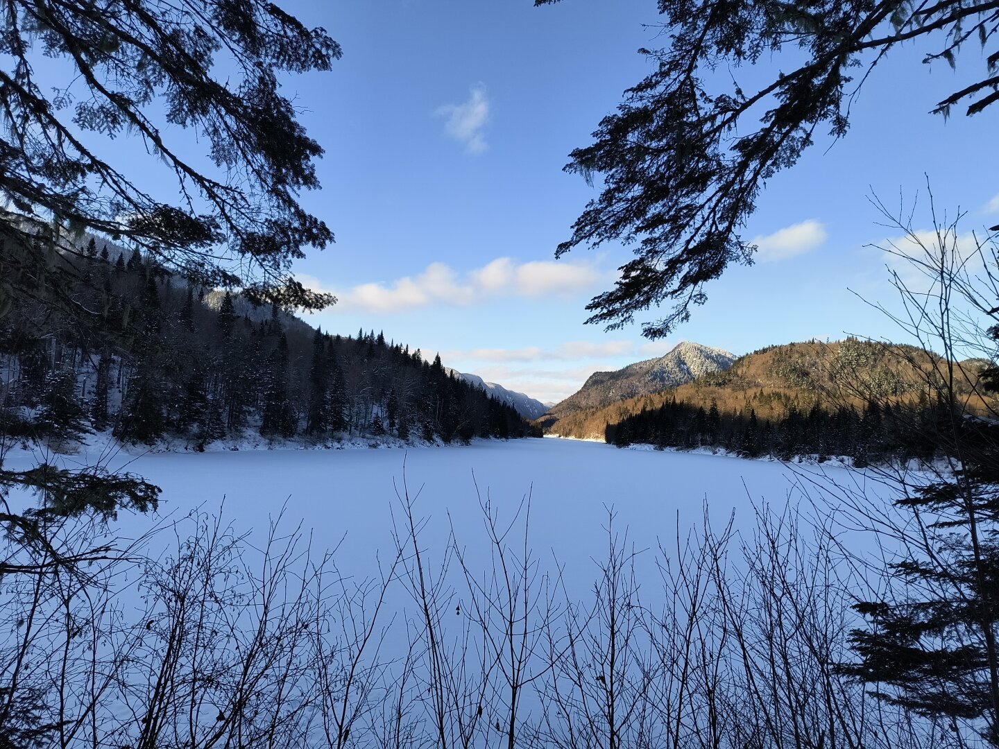 Vista de la rivière Sautauraski. Está congelada y se pierde al fondo entre las montañas. Las de la izquierda están a la sombra, cubiertas de coníferas y las de la derecha reciben el sol de una media tarde fresca y despejada de invierno. El marco de la imagen se compone de ramas y arbustos variados.