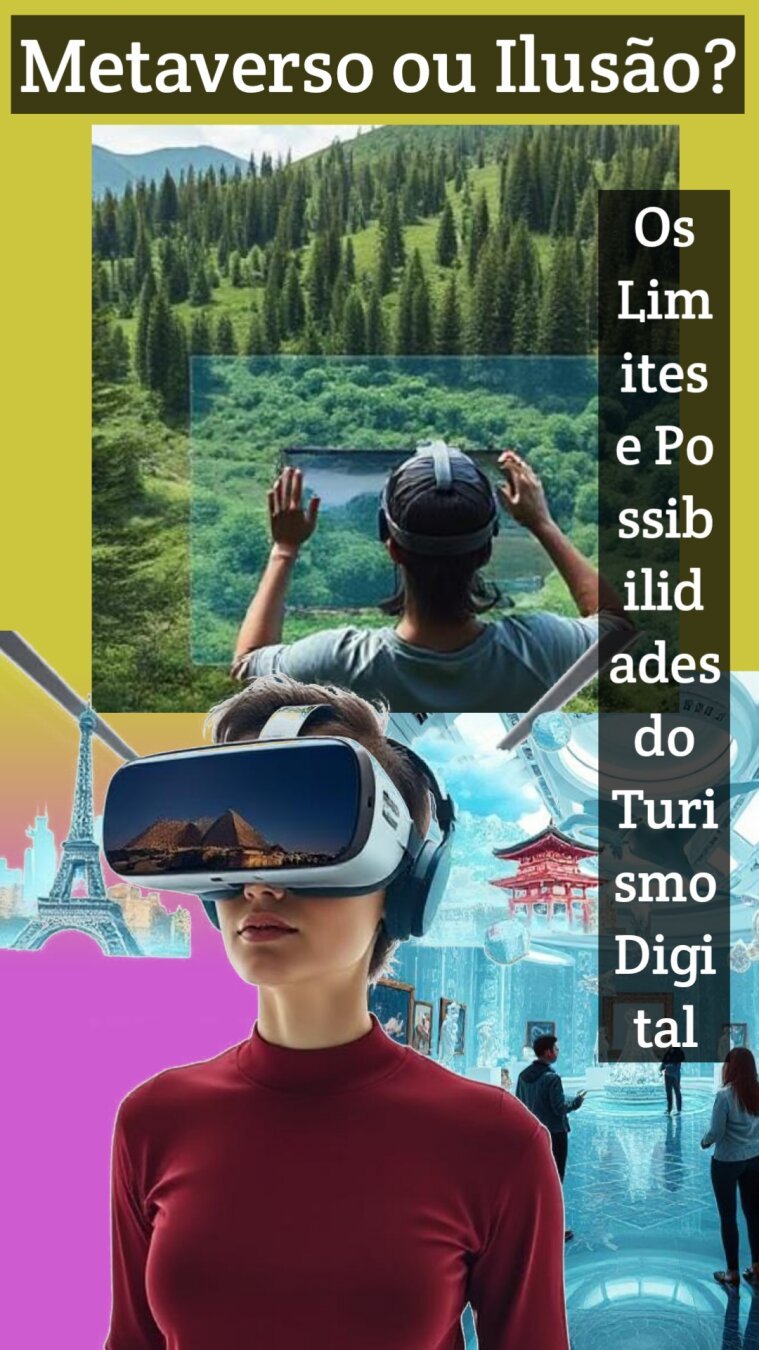 Uma pessoa usando headset de realidade virtual e no fundo uma galeria de arte. Na parte superior uma pessoa interage com uma paisagem por meio de um dispositivo eletrônico com uma tela.
