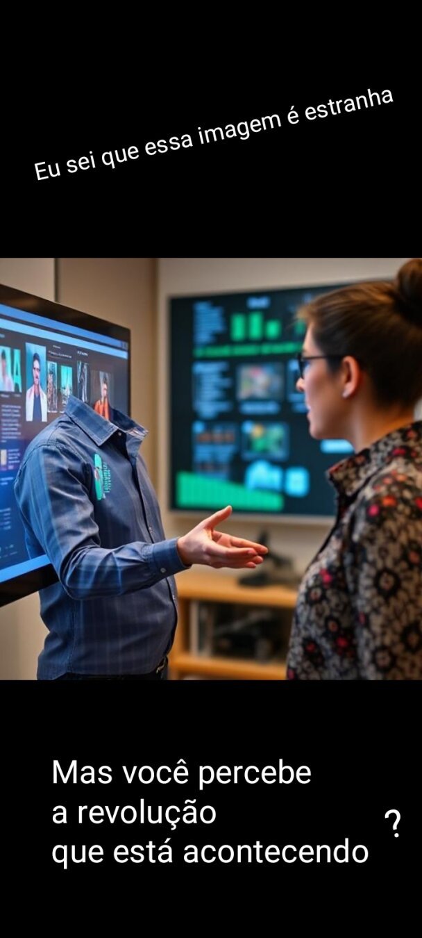 Duas pessoas se cumprimentando. Umas e elas não tem cabeça. Em cima da imagem está escrito. "Eu sei que essa imagem é estranha." E abaixo da imagem lê-se "Mas você percebe a revolução que está acontecendo?"