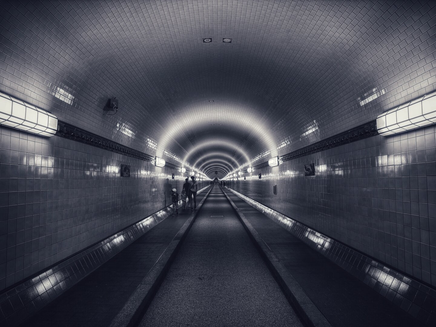 Black and white photo of St. Pauli Elbtunnel in Hamburg, Germany