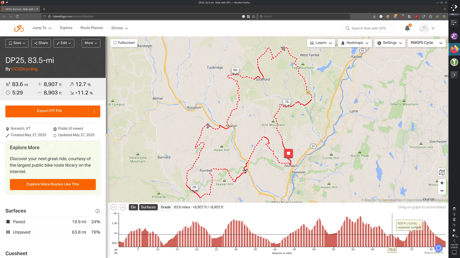 Screenshot of a cycling route consisting of 83.6 miles of mostly unpaved roads with a cumulative elevation gain of 8907 feet.