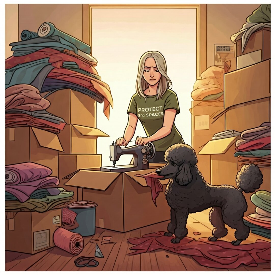 ein AI-generiertes Bild im Comic-Stil. Eine Frau sitzt inmitten von Umzugskartons und packt eine Nähmaschine ein. Auf ihrem grünen Shirt steht 