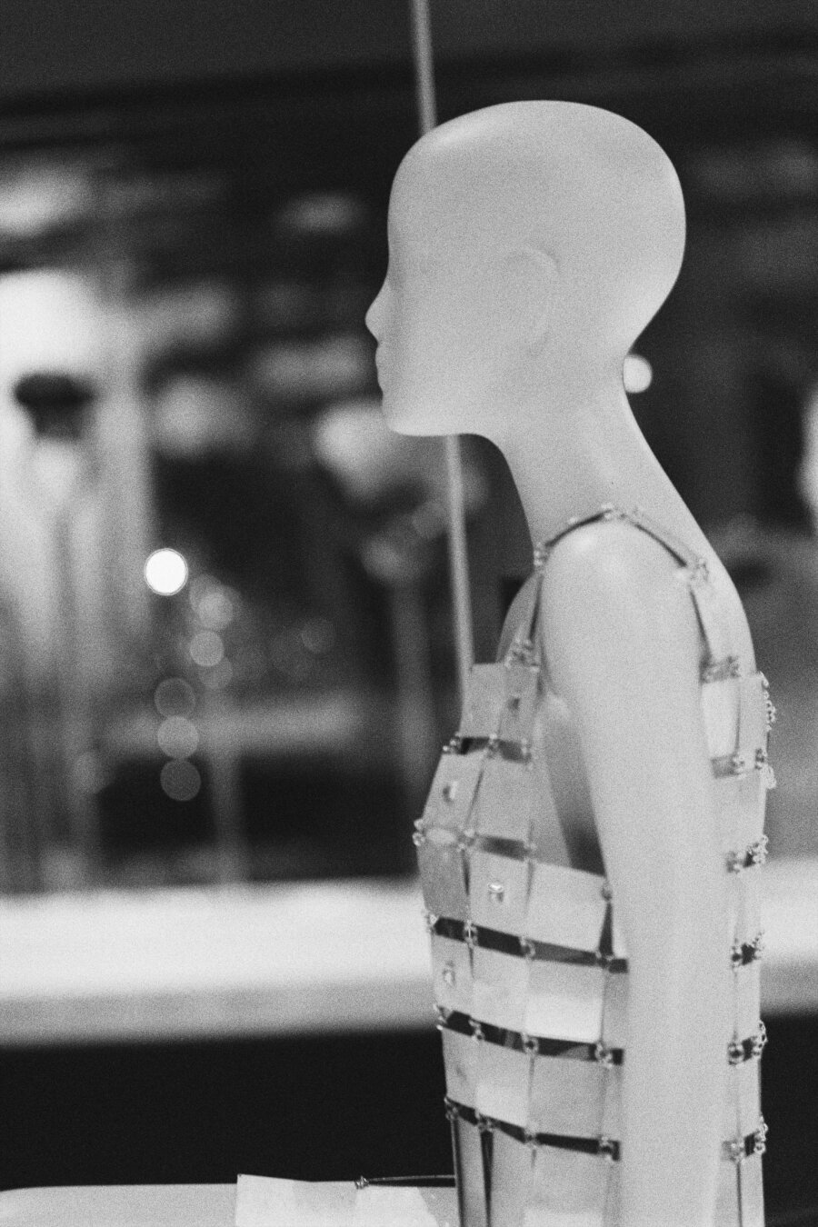 Black and white photo of a mannequin