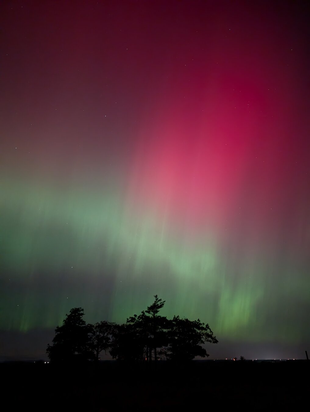 Aurora borealis waves in pink and green across an open sky