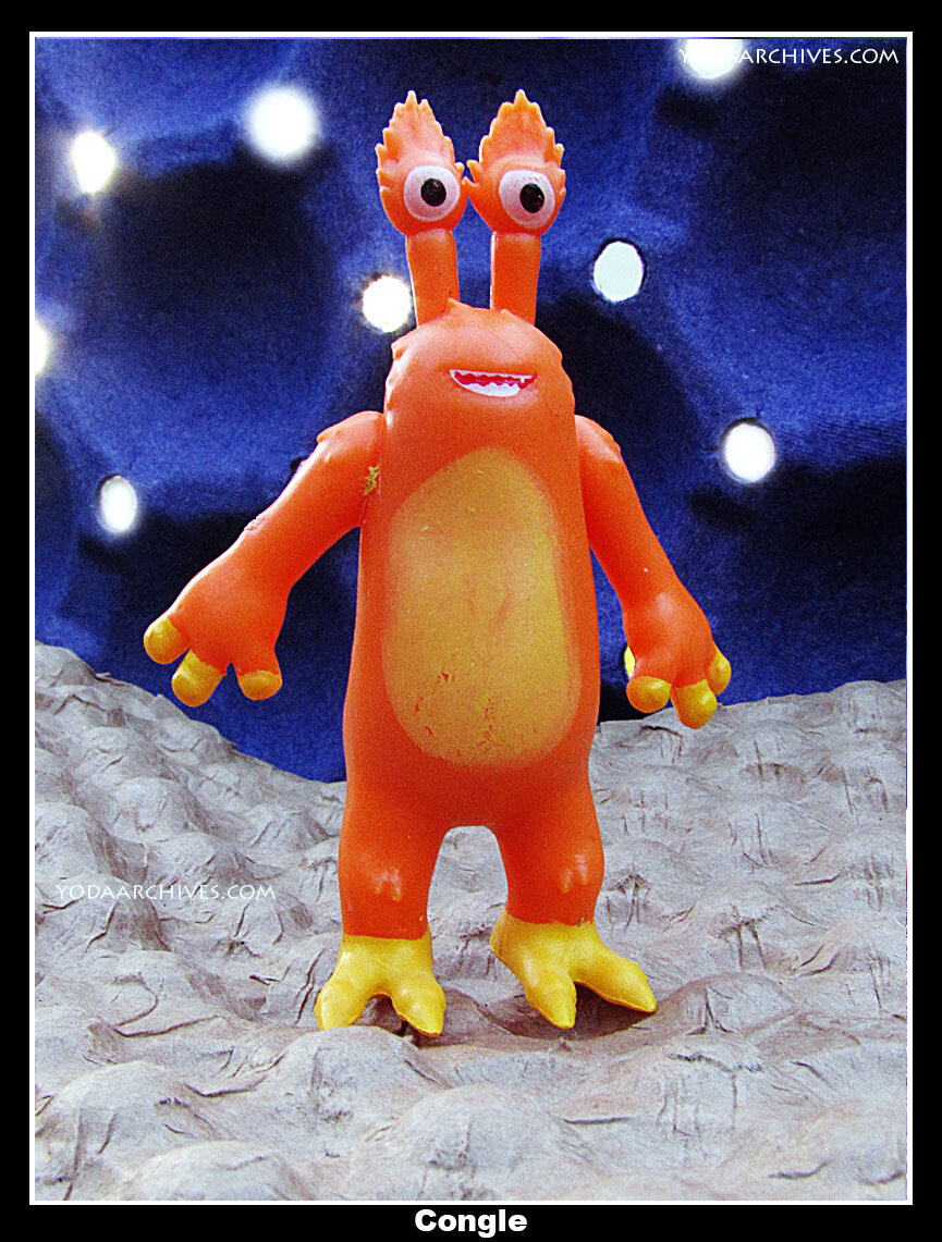 Orange 2 legged monster.  He is in front of a purple wall with holes in it. Light is peeking through the holes