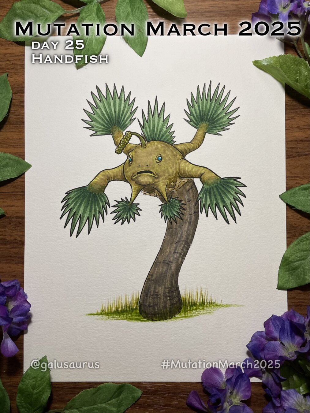 "Mutation March 2025, day 25 - handfish." Marker illustration of a palm tree, but it is also a handfish. A normal trunk grows into the squat head and boy of a handfish, with multiple pectoral fins extending out into palm fronds. The fish's angler resembles the fruits of the tree.