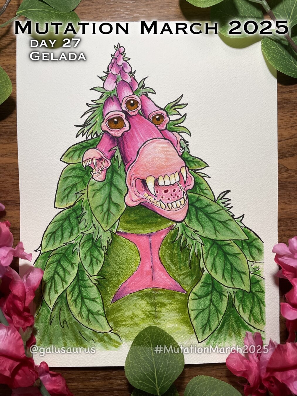 "Mutation March 2025, day 27 - gelada." Watercolor and marker illustration of a portrait of a gelada with its upper lip curled up, but it is also a foxglove plant. The mouth comprises of one large flower, with a smaller mouth-flower on either side of it. It has a trio of eye-flowers, and a few more buds forming the top of the head. Instead of fur, it is covered in leaves.