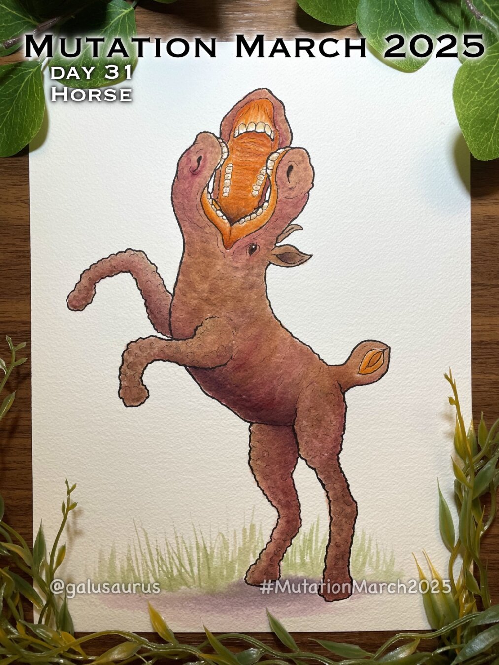 "Mutation March 2025, day 31 - horse." Watercolor and marker illustration of a horse rearing up, but it has been combined with hydnora africana, a parasitc plant. The body and legs are approximately horse-shaped, but covered in a rough texture. The head splits open into three sections at the neck, each ending with a horse's nose, the inside lined with horse teeth. The tail resembles a smaller bud of a hydnora. The ears and eyes of the horse look normal.