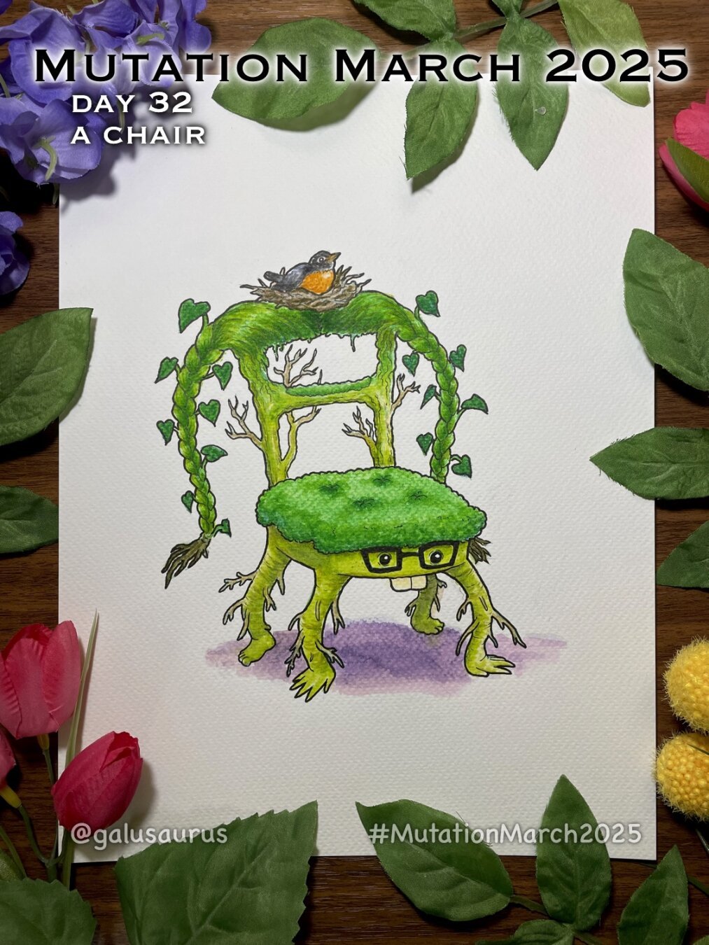 "Mutation March 2025, day 32 - a chair." Watercolor marker illustration of a green chair inspired by plants, but it is a creature inspired by the artist. The legs of the chair are arms and feet with little roots. The cushion of the chair is a bed of moss, with glasses and little bunny teeth on the front. The back of the chair extends up with small branches, splitting into two long braids with leaves growing out of them. Atop the chair is a bird nest with a robin in it.