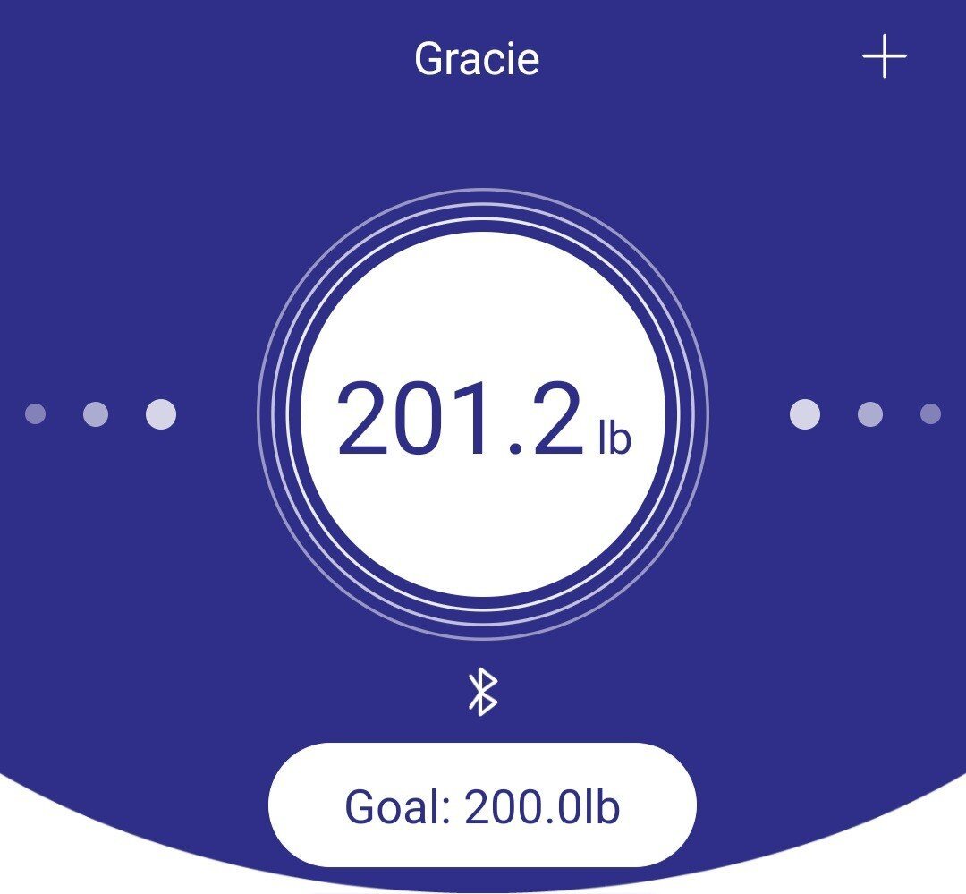 Digital scale page that says 201.2 lbs, with goal of 200 lbs for Gracie