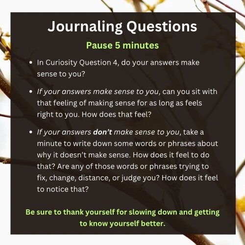 A journaling questions page that says pause 5 minutes. The questions are In Curiosity Question 4, do your answers make sense to you?

If your answers make sense to you, can you sit with that feeling of making sense for as long as feels right to you. How does that feel?

If your answers don’t make sense to you, take a minute to write down some words or phrases about why it doesn’t make sense. How does it feel to do that? Are any of those words or phrases trying to fix, change, distance, or judge you? How does it feel to notice that?

Be sure to thank yourself for slowing down and getting to know yourself better.