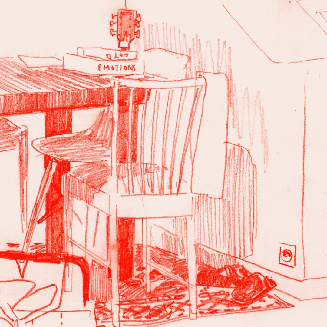 clolored pencil of a table and chairs, guitar on the background