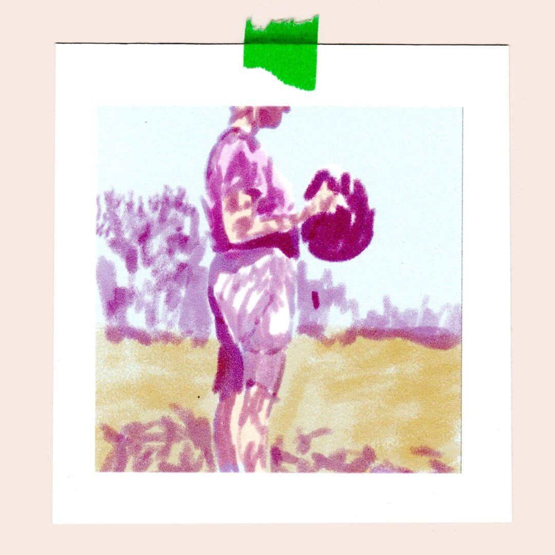 drawing of a woman, olding a hat in the shadow