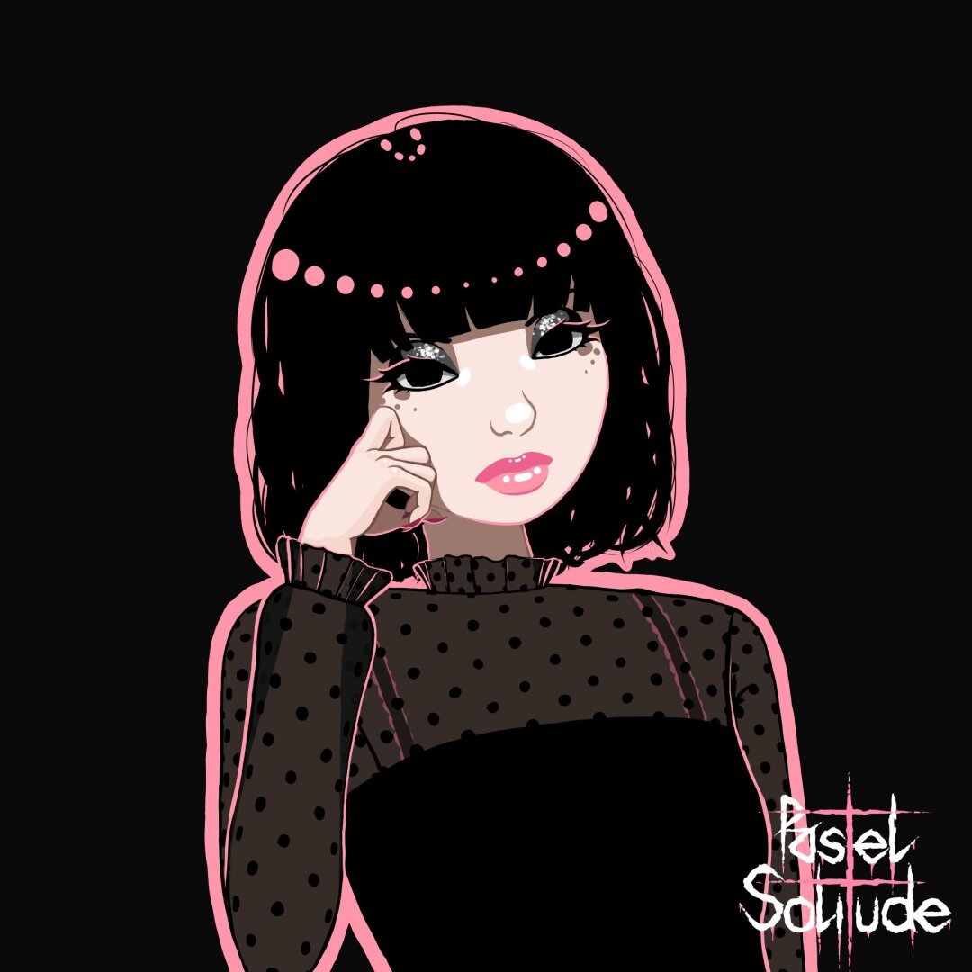 Digital portrait of a goth woman resting her cheek on her hand. Vast amount of dark colors is broken up by vivid pink accents.