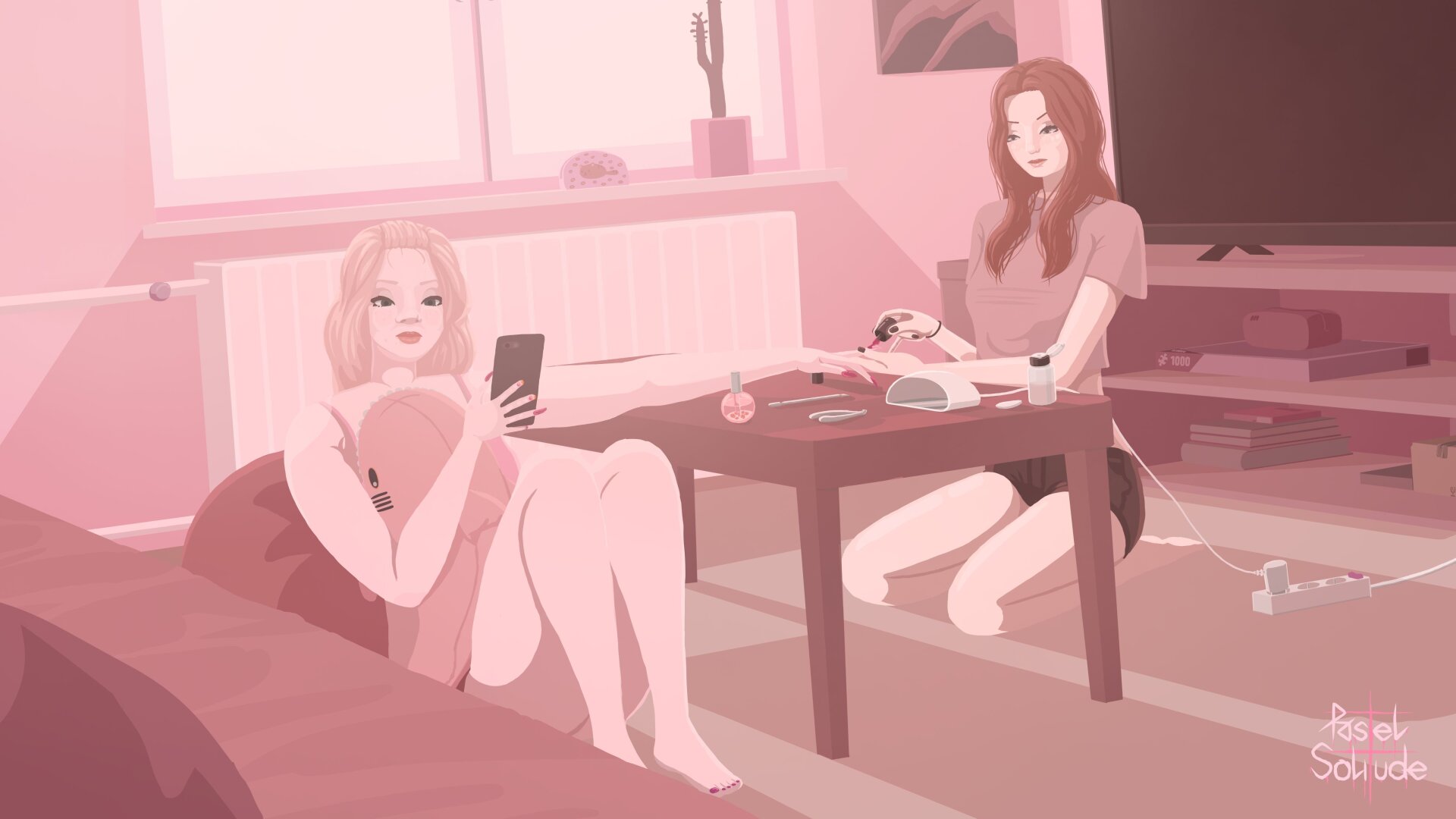 Digital drawing of two women sitting on the ground in a cozy living room. First one is holding a plush shark and scrolling on her phone with one had while having her nails done on her other hand by the second girl who is sitting across the coffee table. Entire drawing is kept in warm shades of pink with flat shading.