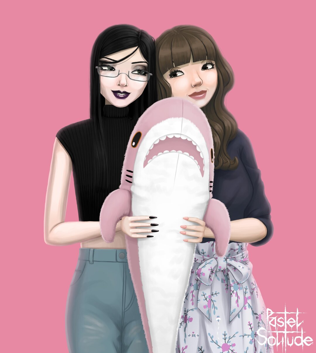 Digital drawing of two women on pink background holding a pink blahaj together.