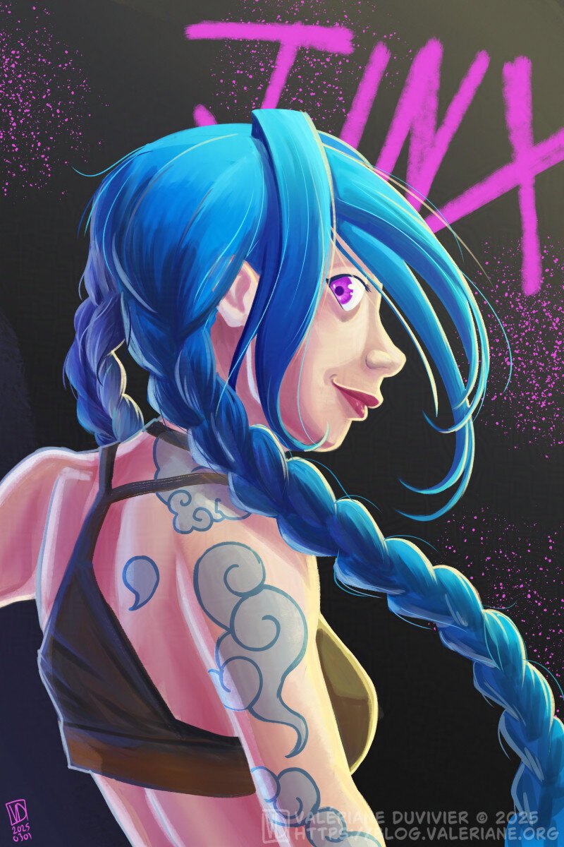 Fanart of jinx, from the TV show Arcane.
She is a blue haired young woman with bright pink eyes. The picture show her in a bust view, seen from 3/4 behind, showing the blue cloud tattoo on her right arm. she is looking to the viewer for the side of her eye, sliiiiiightly unhinged (that Jinx for you) Her name is written in spray paint style n the dark background, with the same pink than her eye.