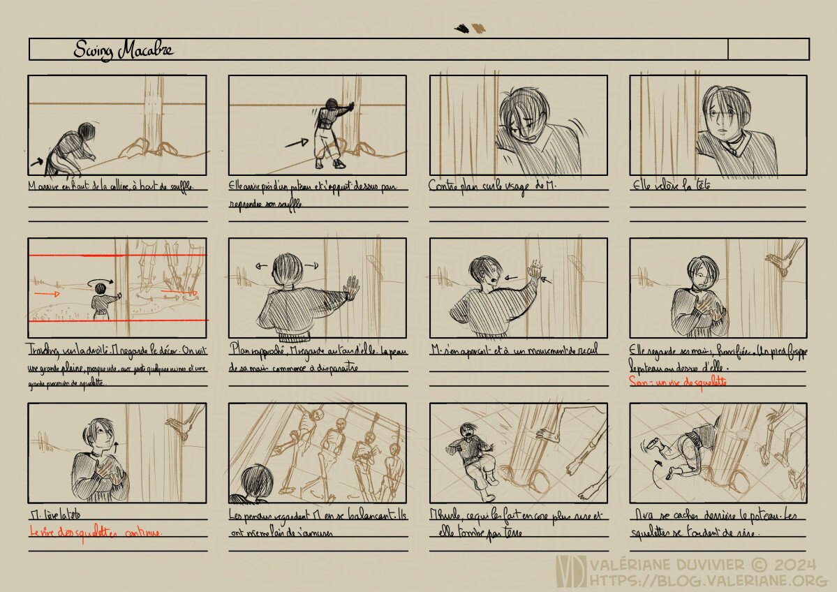 Madeleine is climbing to the top of the hill, breathless. She lean against a big post, trying to get her breath back, but when she raise her head, she see the complete panorama around her. A dead plain, without any vegetation, and only ruins. A big procession of dead is making it's way  around the hill. 
While she is looking, she suddenly notice the skin of her hands is disappearing, showing her bones underneath. There is a skeleton cackle and a foot appear on the post above her. When she raise her head, for skeletons are looking at her, swinging happily, one of them even gave her a little wave in salute.
She, as usual, jump and hide behind the post, making the skeletons laugh.