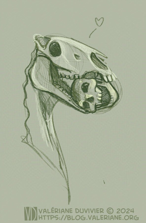 Close up of the skeletal pony playing with Francois' skull.
There is a little heart above the pony's skull and they both look like they're having the time of their life... I mean, of their death.