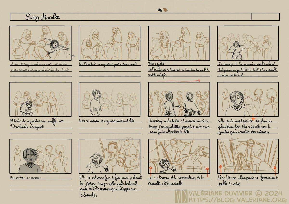 Page 5 of Swing Macabre's storyboard
Madeleine ran away, leaving the Grievers distraught, until they hear a bell ringing and turn toward it. Meanwhile, Madeleine manage to escape the Grievers' procession and they let her go without much fuss. She try to catch her breath and realized there is still a crowd of skeletons around her, who don't pay any mind to her. She still try to flinch away, but found herself facing a big skeleton horse. Startled, the horse try to avoid her, shaking his cart and the driver awake. The driver start to rise, grabbing the scythe next to him...