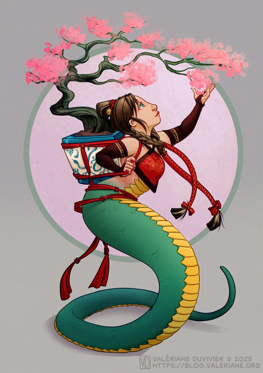 Digital art of a snake woman carrying a bonsai on her back, the pot tied to her shoulder with a red rope.
She has a green and yellow snake tail instead of legs and has brown haired, tied in a bun and two long braids, wrapped in red ribbons. she also wear a red and black dudou, finger-less black sleeves and a red ribbon belt.
She is seen in a side view, raising her hand to softly touch the flowers from the plum tree on her back.