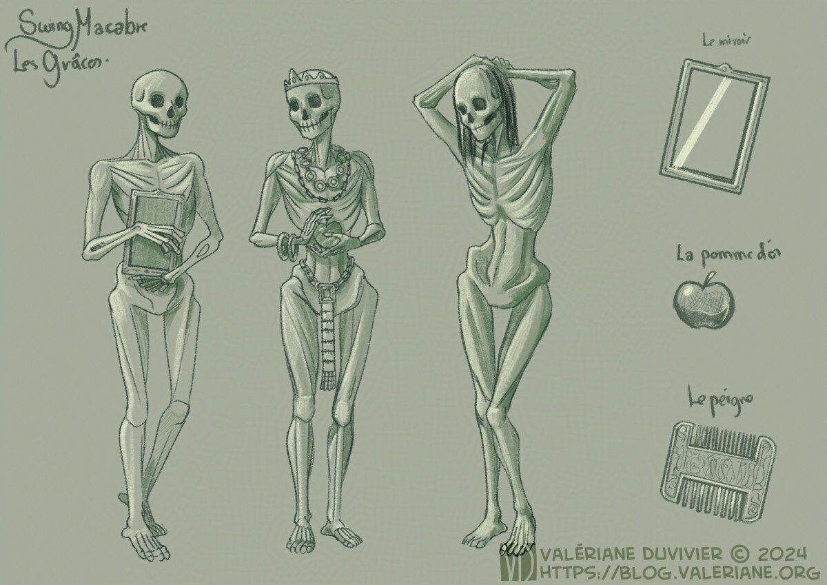 Sketches of three skeletons girls, standing next to each other. They have very similar build and differ by their accessories.
The left one is holding a rectangular mirror against her... er... chest.
The middle one has an apple in her hands and wear a tiara, two heavy necklaces, two wristband on her right arm and a jewelry belt.
The right one is standing with her hands above her head, and is the only one to have hair left, although very spare, and seem to be brushing her hair or fixing it.
On the right, there is a better view of the mirror, the golden apple and the comb.