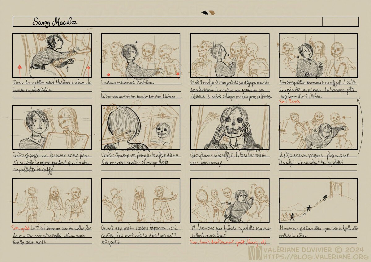 Two skeletons help Madeleine to her feet while a third one start to invective the Ankou, even throwing a golden apple to his head. The other two help Madeleine, tidying up her hair and clothes and showing her a mirror. But when Madeleine look into the mirror, she only saw herself as a skeleton. Horrified, she push the skeletons away and start running again. They are devastated, but the sound of a bell ring. Someone, out of panel give back the apple while the girls show the direction where Madeleine went.
Madeleine is still running, pushing musicians skeletons around to flee. She try to avoid the crowd of skeletons by climbing a hill topped by gallows.