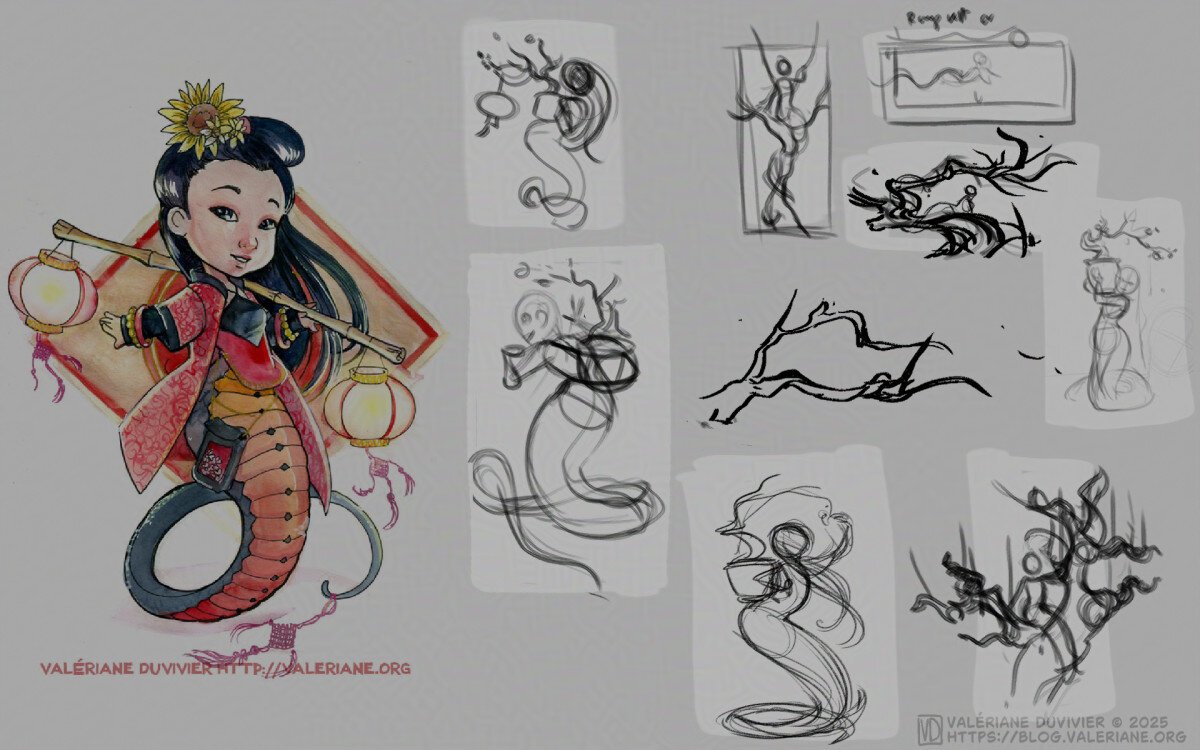Thumbnails for the illustrations and the source of inspiration, my last year of the snake card from 12 years ago.