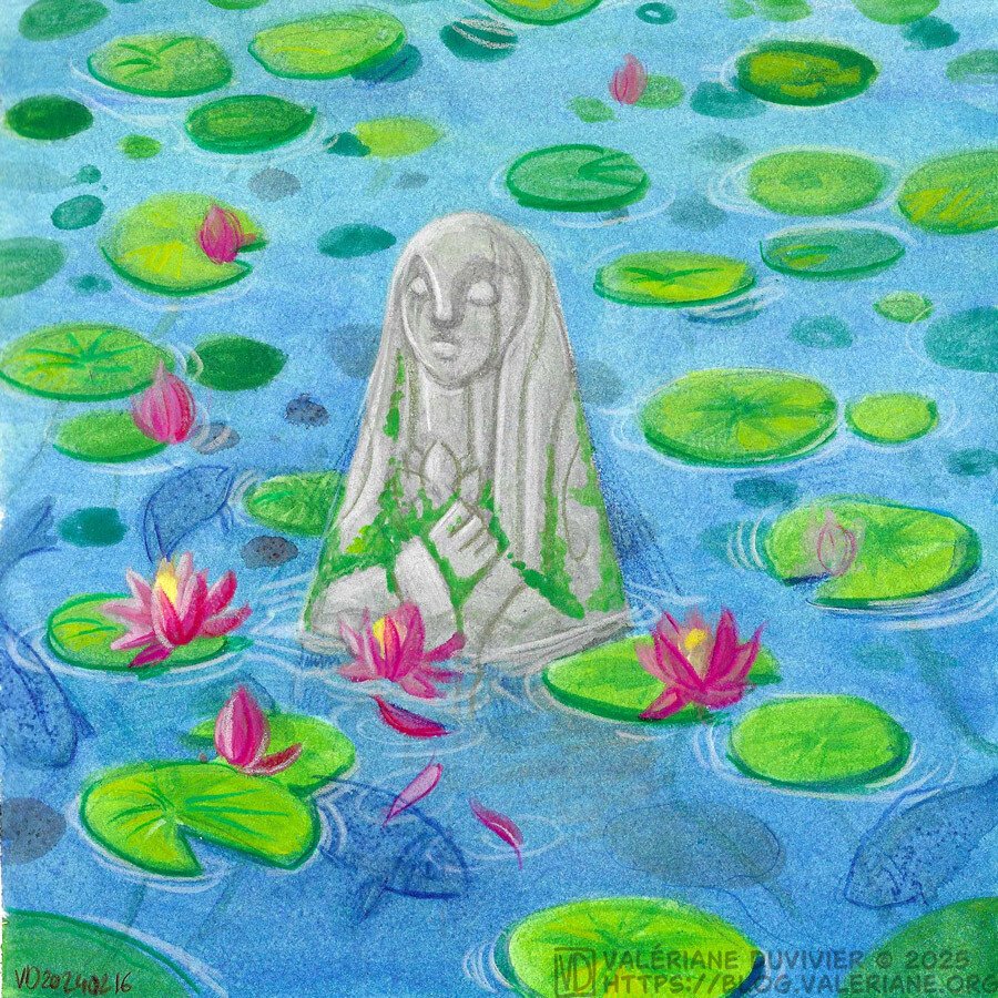 Square gouache painting of a statue half submerged in a pond.
The statue feature a character in quarter view left, with its face slightly raised, and its hand crossed on its heart, holding a lily flower. The statue is sbumerged up to its elbows and you can sorta make out the rest under the waterline. There is a bit of moss growing on its arms and shoulder. All around it, on the water, there is a lot of green lily pad with a few pink flowers and fishes are passing through the water. The statue seem serene, although rain traced tears like tracks on its cheeks.