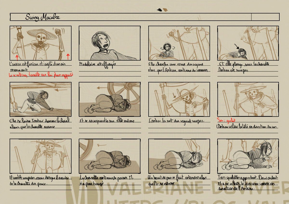 Yup, that the Ankou, and he is furious to have been disturbed during his nap... er... job. He is yelling at Madeleine who, in turned, is even more frightened. To escape him, she dive under the cart and curl on the ground, waiting for the tempest to pass. Ankou is surprised, but the sound of bells make him look up. He seems tired to see the person coming, and just point him to the back of the cart.
Once the cart is gone, Madeleine uncurl, but three skeletons are coming, two help her to her feet, while the third one is clanking menacingly at the Ankou.