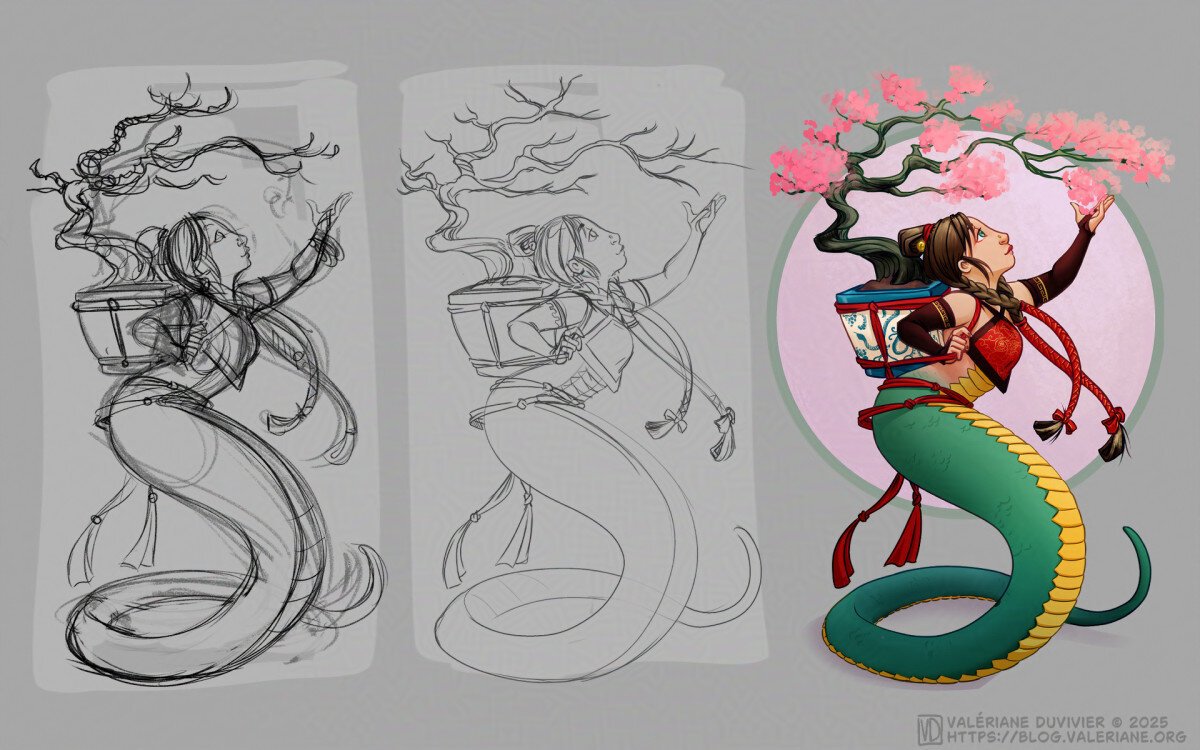 Steps of the illustration, the sketch to the left, a cleaner version in the middle and the colored version on the right.