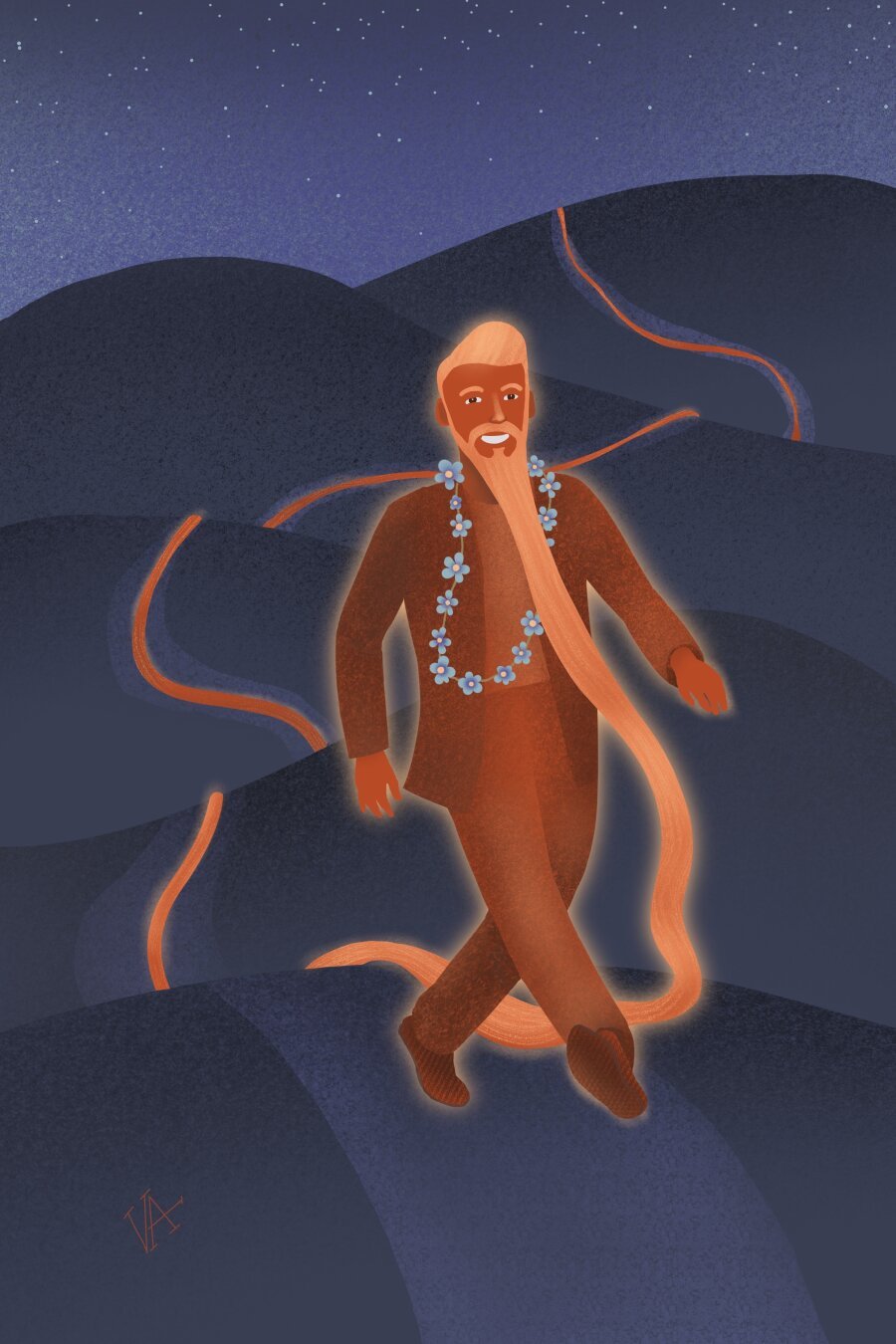 Drawing of a smiling man, wearing a brown suit & flowery lei. He has a very, very, very long beard which stretches far behind him on the hilly path he’s walking. It’s nighttime and he & his beard glows, probably messing up bird & insect migratory patterns.