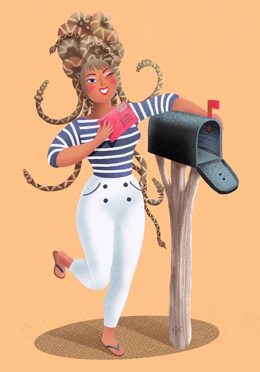 Drawing of a smiling gorgon wearing beach resort-wear & placing a card envelope into her mailbox. She has big hair made up of many rattle snakes, she’s winking insouciantly.