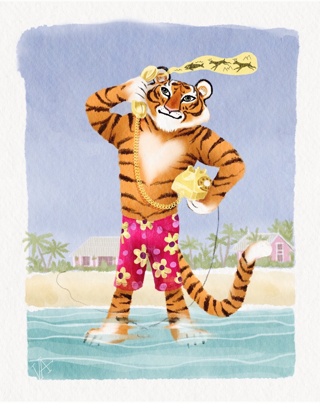 Drawing of a tiger wearing hot pink floral swim trunks, standing in a shallow sea, while on a golden old-school desk telephone with the cord draped from the phone base thru the water, over the beach, into the distant palm trees, landscaping of a pink stucco bungalow. There is a yellow cartoon speech bubble coming from the telephone receiver with a large fish & 2 deer depicted in black ink.