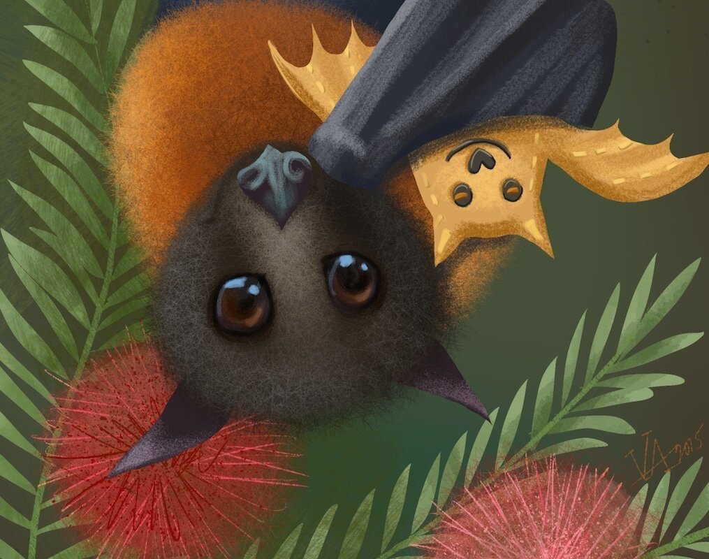 Drawing (cropped) pf a baby Flying Fox fruit bat in a flowering mimosa tree, hugging his teddy bat stuffie.