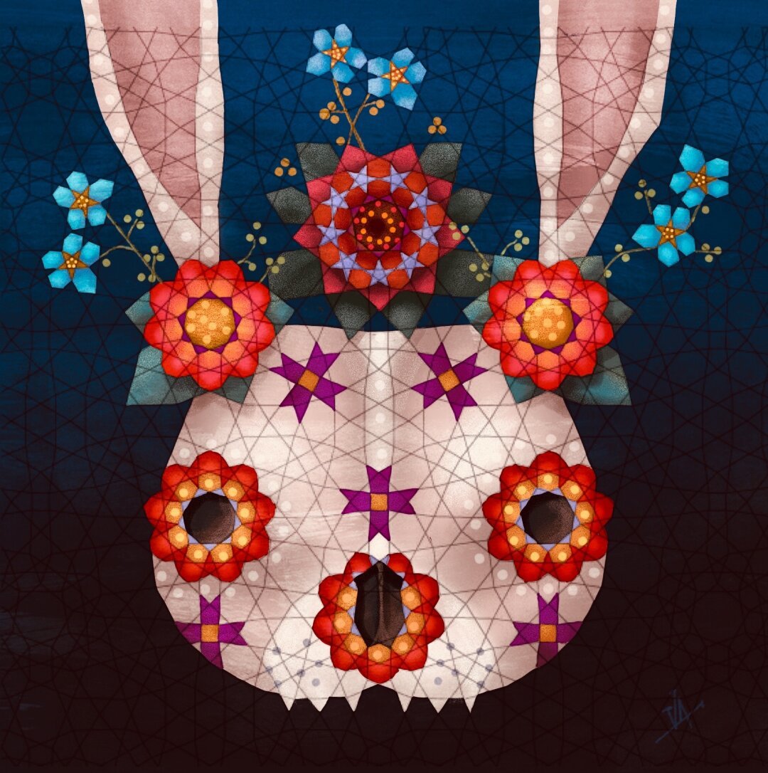 Using an Altair pattern grid as base, I doodled a sugar skull rabbit with flowers by coloring in & shading portions of the grid.