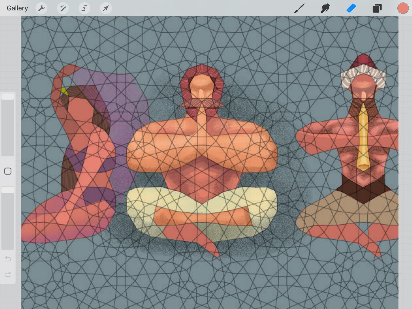 Doodle of 3 exotic figures using the grid of an Altair pattern. The figures are seated, one is a female in a belly dancer costume, another is a large muscular man with beard & mane of hair, praying in lotus position. The last figure is wearing a turban, has a beard, & is playing a horn instrument. So cool what can be imagined with these grids.